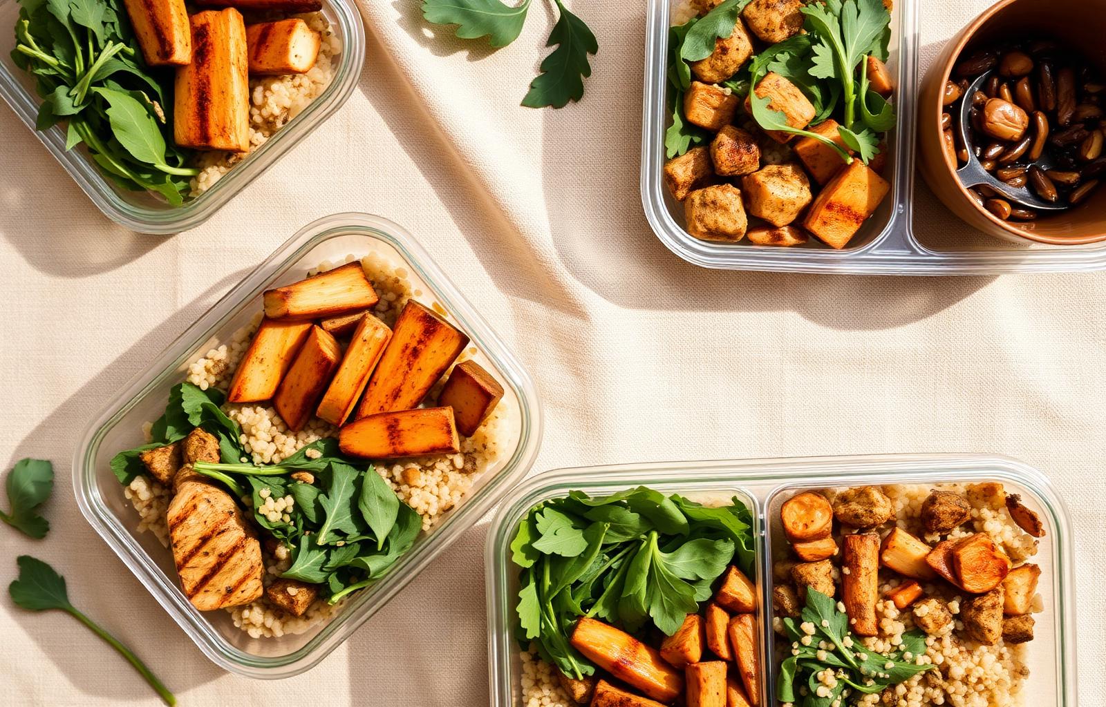 Overhead view of prepared meals in containers with fresh ingredients